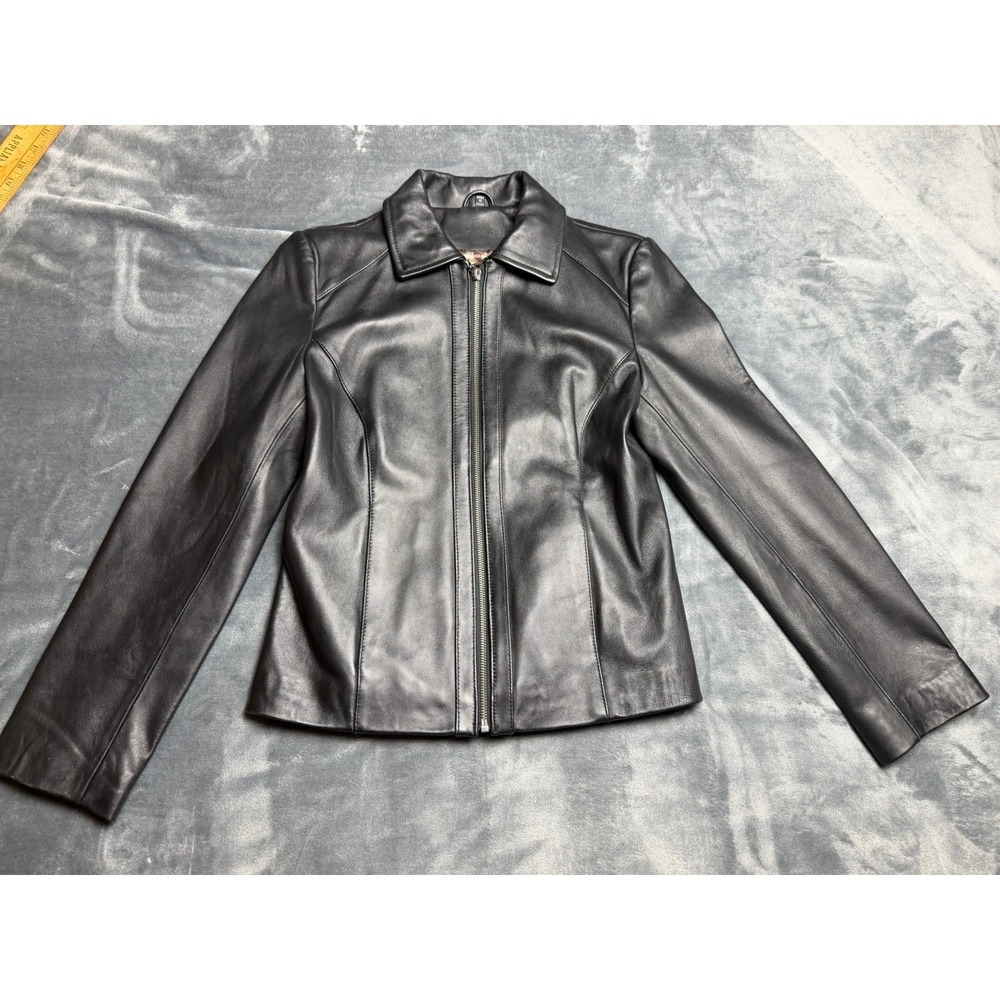 ADLER Womens 100%  Leather Biker Jacket Moto Black Lined Pockets Size Small Y2k
